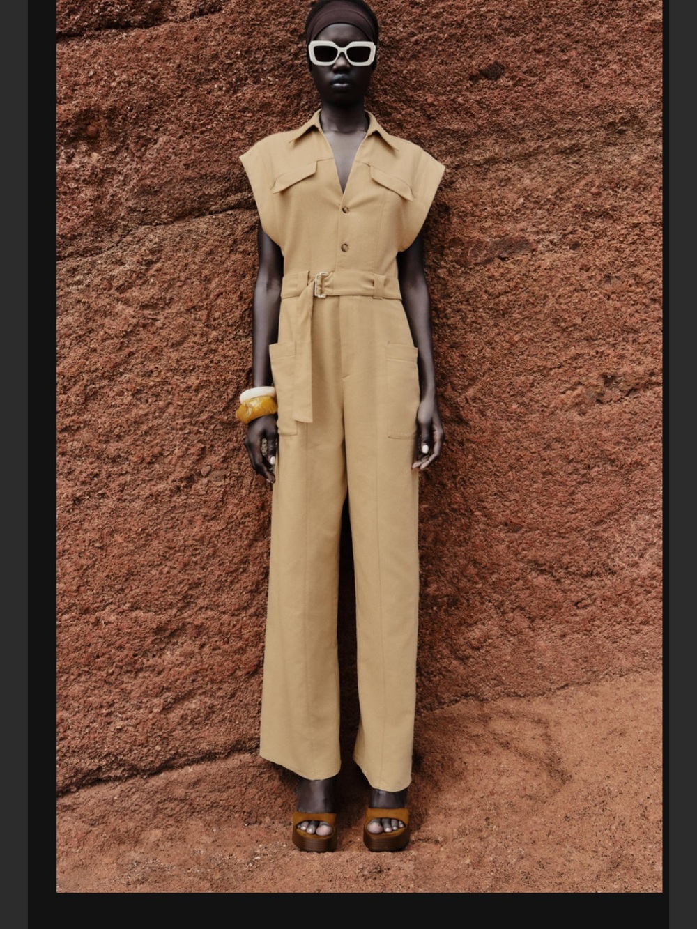 Zara Sleeveless Utility Jumpsuit in Camel In Size Medium